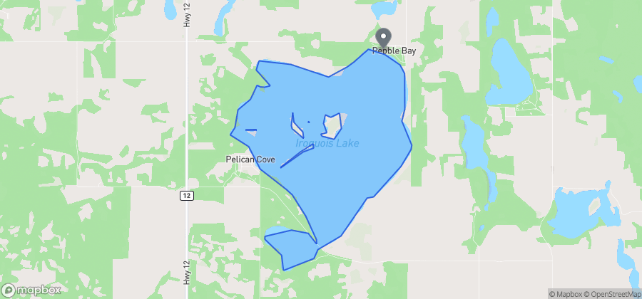 Map showing Pebble Baye Beach on Iroquois Lake