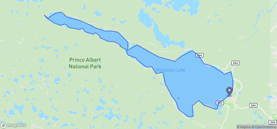 Map showing Waskesiu Main Beach on Waskesiu Lake