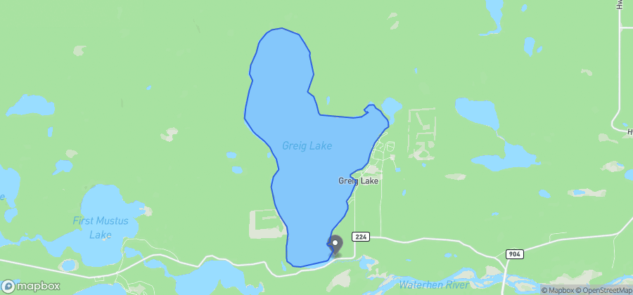 Map showing Greig Lake South Beach on Greig Lake