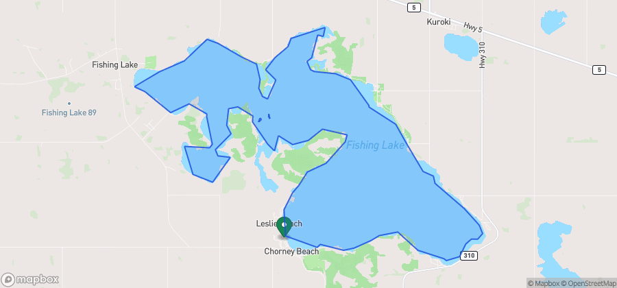 Map showing Leslie Beach on Fishing Lake
