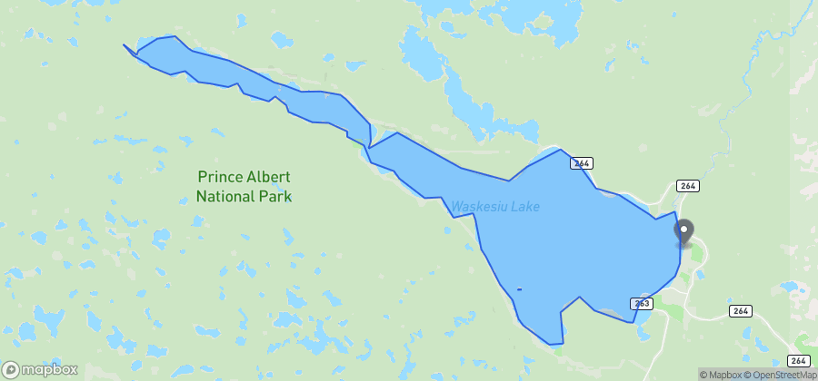 Map showing Beaver Glen Beach on Waskesiu Lake