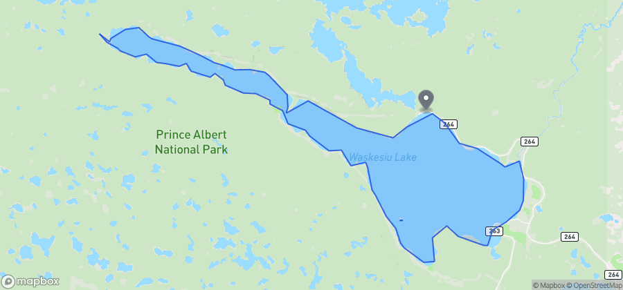Map showing Birch Bay Beach on Waskesiu Lake