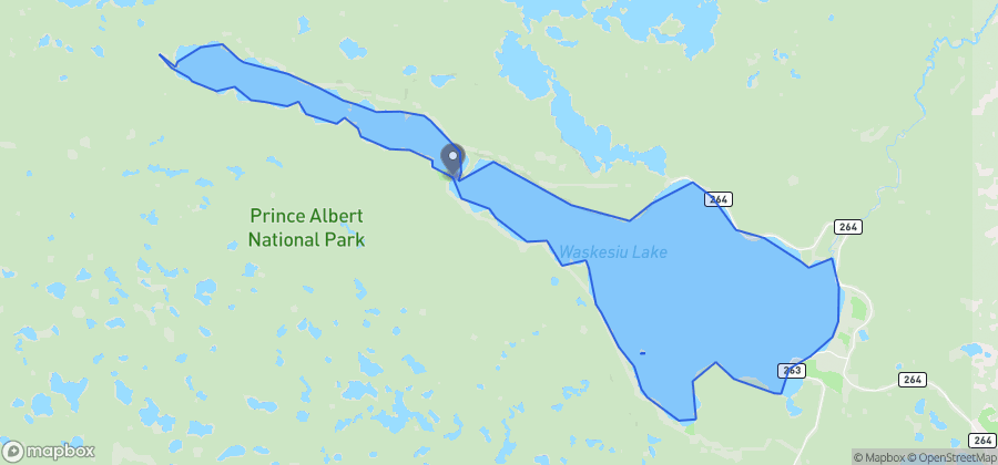 Map showing Narrows Beach on Waskesiu Lake