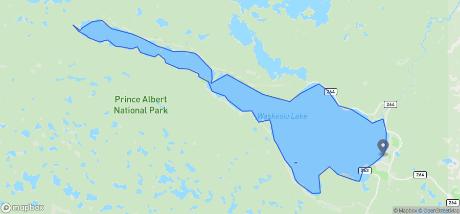 Map showing Ski Beach on Waskesiu Lake