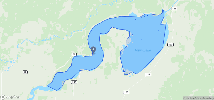 Map showing Pruden's Point Beach on Tobin Lake